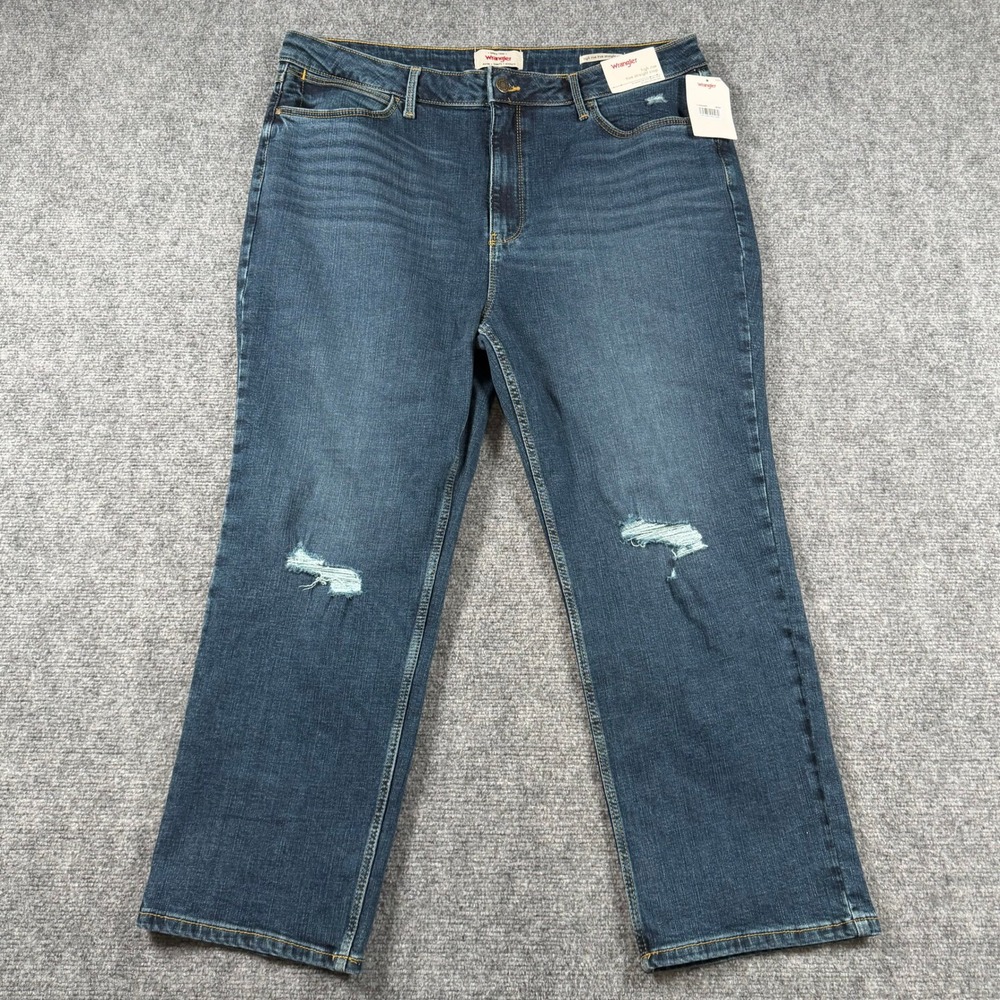 Wrangler Jeans Womens 18 Blue High Rise True Straight Crop Distressed Denim NEW